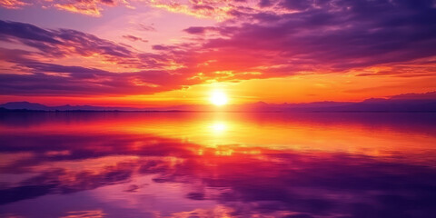 Fototapeta premium A dramatic sunset over a calm lake with reflections of the fiery orange and purple sky in the water. The tranquil setting is breathtaking and serene.