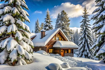 Fototapeta premium Cozy snow-covered cabin nestled in a winter wonderland, bathed in sunlight.