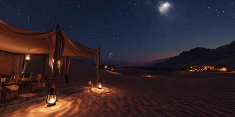 A serene desert night under a starry sky, with a nomad camp, glowing lanterns, and soft dunes illuminated by moonlight. The peaceful and mystical setting feels timeless.