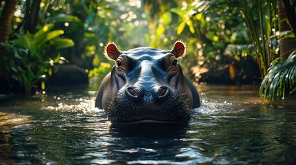 Fototapeta premium Hippopotamus in Lush Tropical River Wildlife Photography