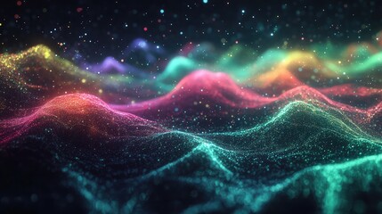 Obraz premium Colorful Abstract Waves with Glitter Sparkles in Dark Background