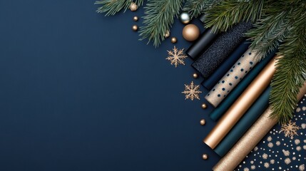 Festive mood board with Christmas fabric patterns and metallic accents on dark blue background