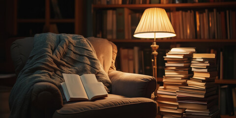 A cozy reading nook with a soft armchair, stacks of books, and warm lighting from a vintage lamp. The intimate setting is perfect for relaxation themes.