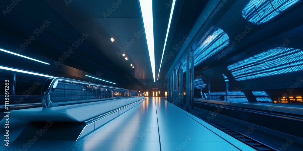 Poster a futuristic high-speed train station with sleek design, glowing platforms, and advanced technology 