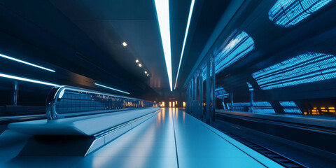 Obraz premium A futuristic high-speed train station with sleek design, glowing platforms, and advanced technology on display. The dynamic and innovative setting captures progress.