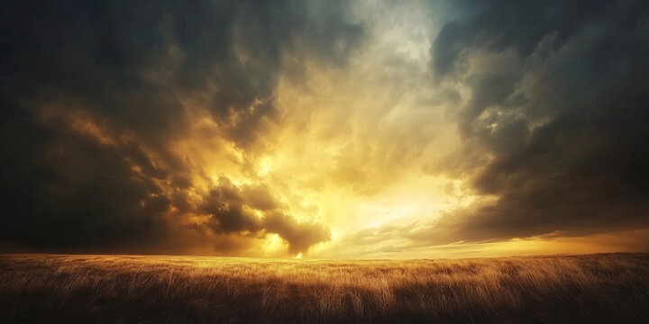 A dramatic storm rolling over an open prairie, with dark clouds, a distant tornado, and golden sunlight breaking through in streaks. The powerful and intense setting captures nature's raw beauty.