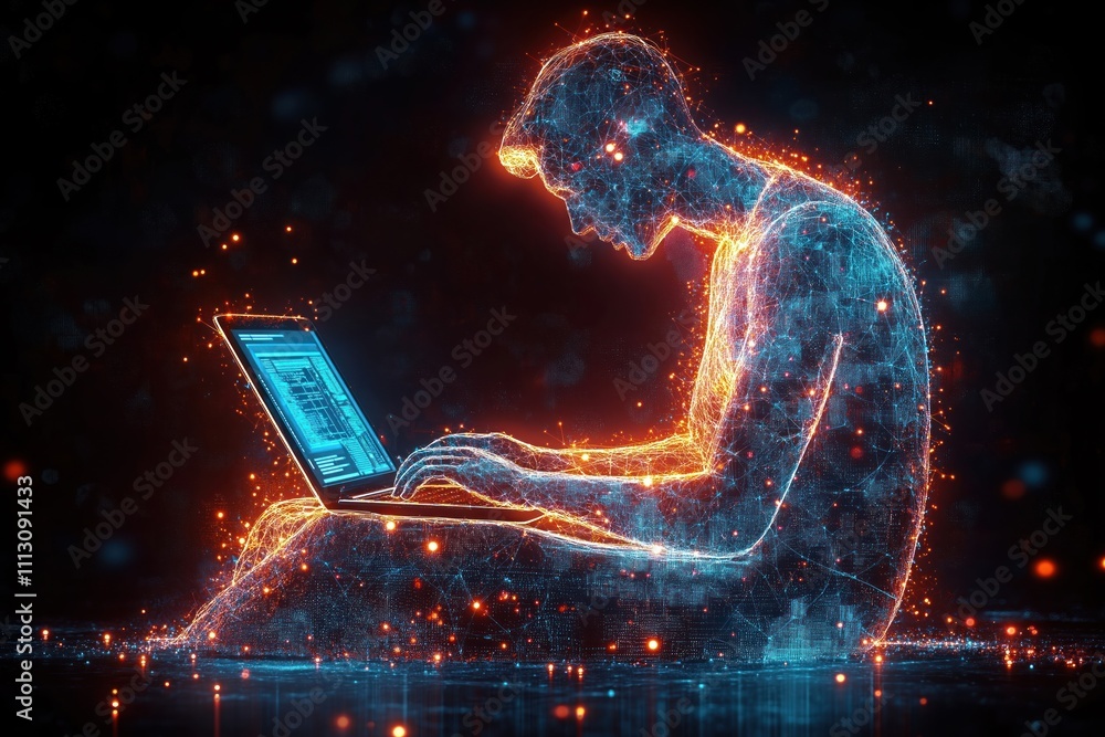 Poster person uses laptop, tablet connected to internet. digital software development, internet of things i