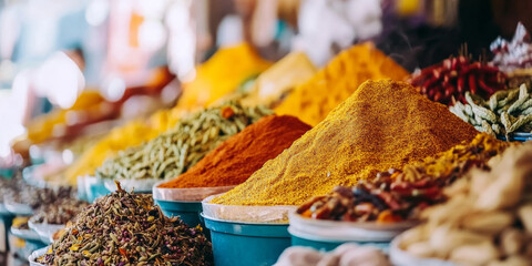 A bustling city street market in India with colorful spices, ornate textiles, and the aroma of freshly cooked street food. The lively scene captures the vibrant culture and energy.