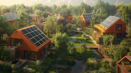 Obraz premium Sustainable Village with Solar Panels and Green Landscape Gardens