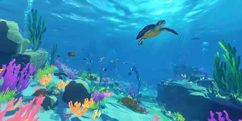 Fototapeta premium A vibrant underwater world with schools of fish, vibrant corals, and a sea turtle gliding gracefully. The lively marine ecosystem feels alive and colorful.