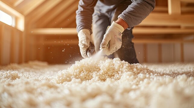 Worker installing blown in attic insulation