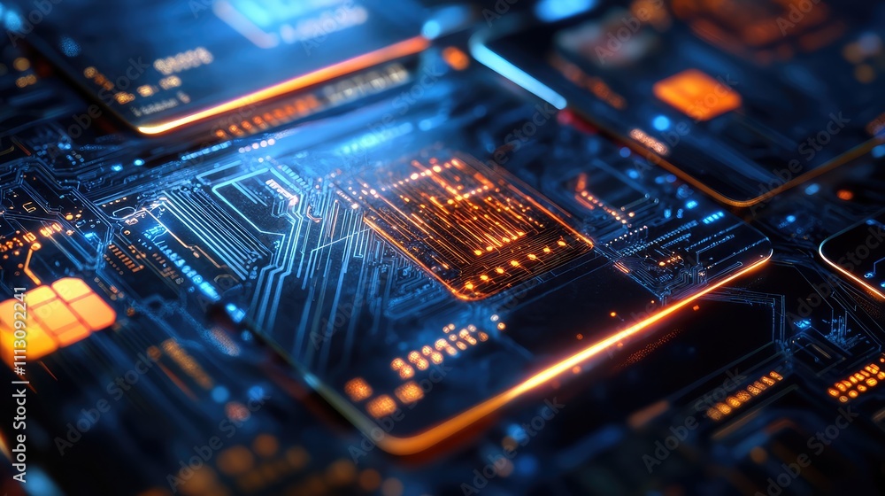Poster futuristic technology circuit board with glowing elements and patterns