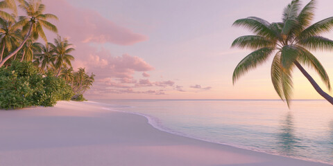 Fototapeta premium A serene tropical beach with white sand, crystal-clear water, and tall palm trees swaying in a gentle breeze. The peaceful scene is illuminated by a soft pink sunset on the horizon.