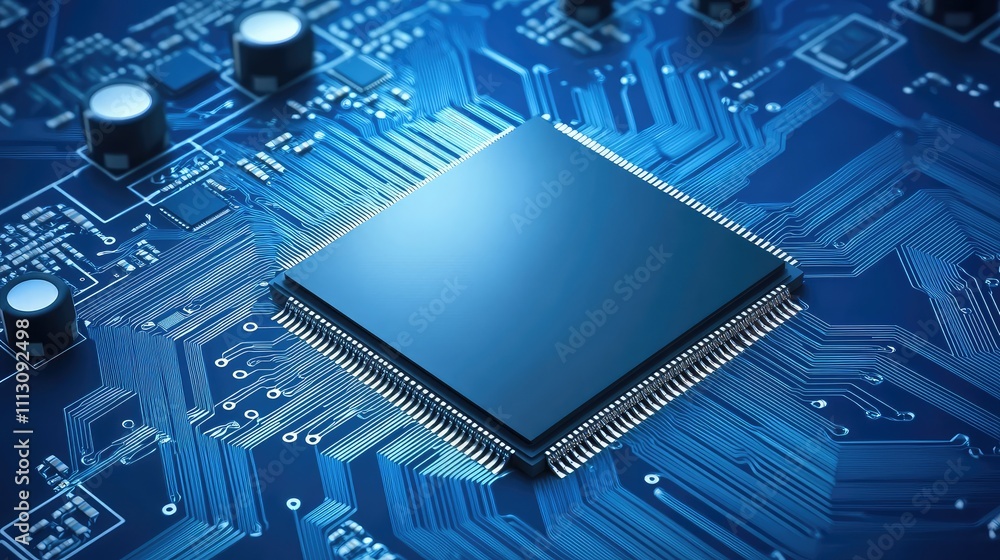 Poster close-up view of microprocessor on circuit board with blue background
