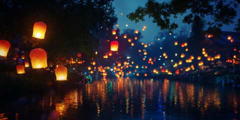 A vibrant lantern festival at night, with floating lanterns illuminating a dark river and colorful lights decorating the surrounding area. The magical scene evokes celebration.