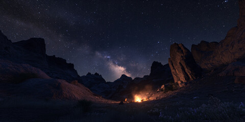 A dramatic canyon under the stars with jagged cliffs, a glowing campfire, and the Milky Way arching across the sky. The majestic and adventurous scene feels infinite.
