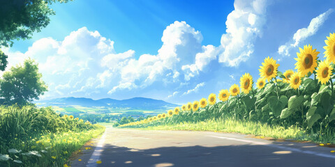 A tranquil countryside road lined with tall sunflowers, stretching into the distance under a bright summer sky. The peaceful and cheerful setting evokes warmth and happiness.