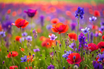 Vibrant red poppies and purple wildflowers in a sunny field.