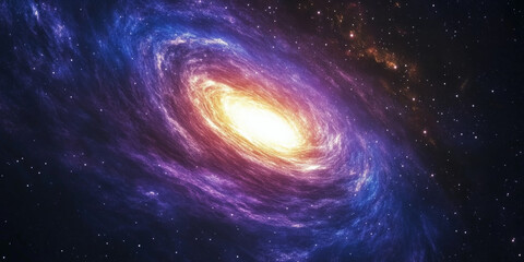 A dramatic space nebula with swirling colors of purple, blue, and gold, set against a backdrop of countless stars. The cosmic scene evokes wonder and mystery.