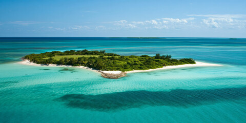 Fototapeta premium A tranquil island paradise with turquoise waters, white sandy beaches, and lush green vegetation under a bright tropical sun. The serene and untouched setting feels idyllic.