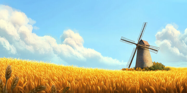 A serene countryside windmill surrounded by golden wheat fields, a clear blue sky overhead, and soft clouds on the horizon. The peaceful and picturesque setting evokes rural charm.