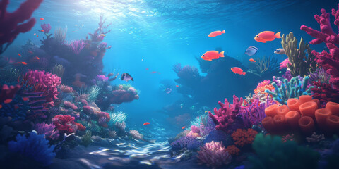 A serene coral reef underwater, with colorful fish swimming among vibrant corals, sunlight filtering through the water, and a peaceful marine atmosphere. The tranquil setting feels alive and magical.