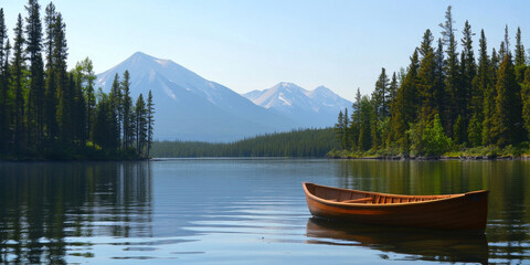 Obraz premium A tranquil mountain lake surrounded by tall pines, with crystal-clear reflections of the peaks and a wooden rowboat floating gently on the water. The peaceful scene feels untouched.