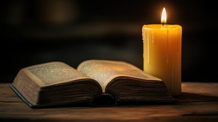 Open book near candle casting warm light, creating serene ambiance for reading