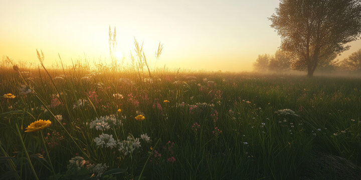 A tranquil meadow at dawn with dew-covered grass, wildflowers swaying in the breeze, and soft golden light bathing the landscape. The serene scene feels rejuvenating and fresh.