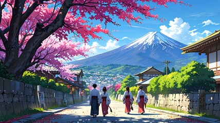Fototapeta premium anime-style illustration a traditional Japanese village, people in traditional Japanese attire walk down the street with view Mount Fuji and Cherry blossom trees with pink flowers