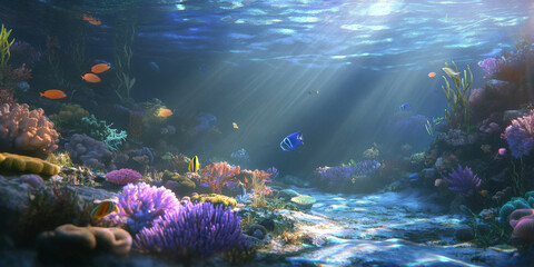 A serene coral reef underwater, with colorful fish swimming among vibrant corals, sunlight filtering through the water, and a peaceful marine atmosphere. The tranquil setting feels alive and magical.