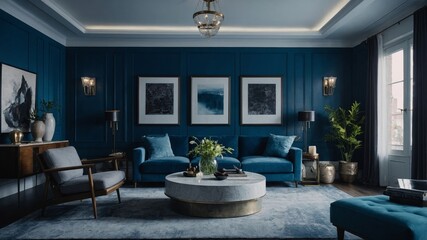 Fototapeta premium Blue themed interior design with modern accents