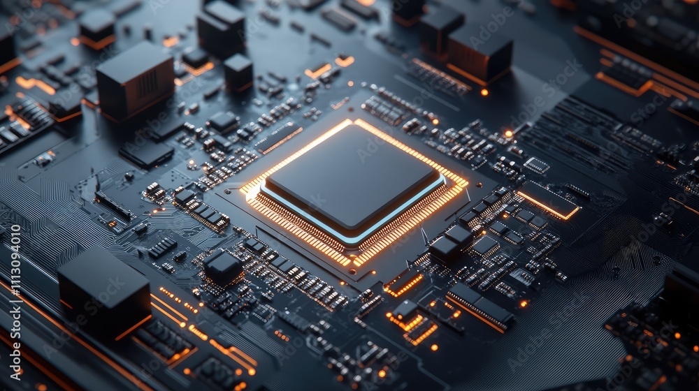 Poster close-up view of high-tech computer circuit board and microchip