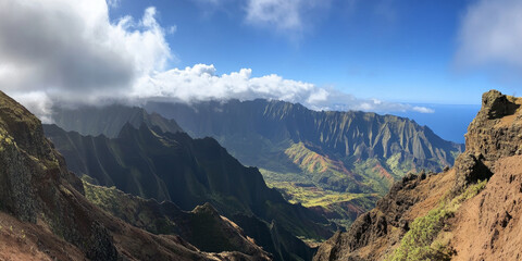 A dramatic mountain ridge with rugged peaks, a narrow hiking trail, and clouds rolling in the distance. The adventurous and breathtaking setting feels challenging and exhilarating.