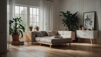 Bright room with laminate floor and potted plant