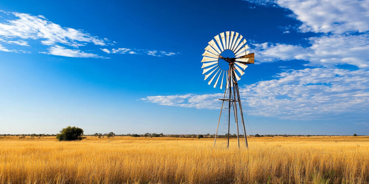 A serene countryside windmill surrounded by golden fields of wheat under a vibrant blue sky. The peaceful and pastoral setting evokes nostalgia.