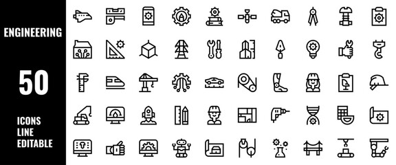 50 Engineering Icons Set Pack Line Editable Vector Illustration
