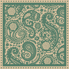 Floral scarf design with monochrome paisley motifs. Persian boho chic repeat background. Tribal textile print.