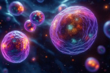 Fototapeta premium Surreal glowing cells in various colors. Microscopic world view. Colorful abstract representation. Cells glowing vividly in dark space. Hypothetical biological structure. Scientific illustration.