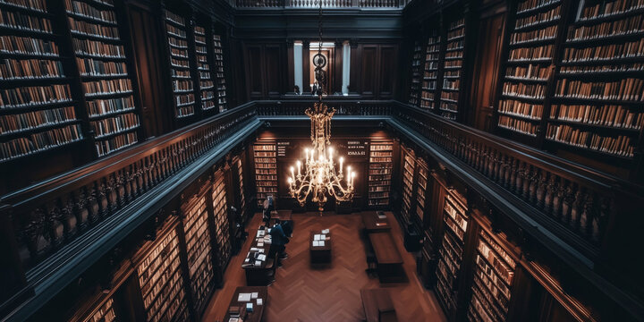A tranquil library with soaring bookshelves, a glowing chandelier, and people quietly immersed in reading. The peaceful and elegant setting inspires learning and introspection.