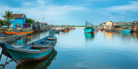 Obraz premium A tranquil fishing village with colorful boats anchored in the harbor, quaint houses, and a calm sea. The peaceful setting evokes simplicity and charm.