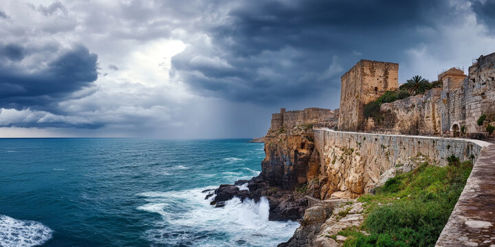 A dramatic cliffside fortress overlooking a stormy sea, with dark clouds, crashing waves, and a sense of mystery and history. The powerful setting evokes drama and intrigue.