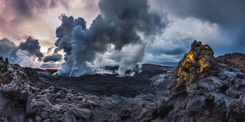 A dramatic volcanic landscape with steaming vents, black lava fields, and vibrant moss-covered rocks under a dark, cloudy sky. The raw and rugged setting feels otherworldly.