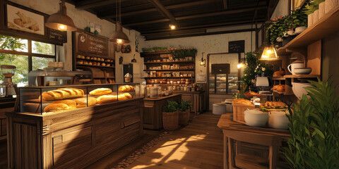 A cozy bakery interior with freshly baked bread on rustic wooden shelves, warm lighting, and the aroma of pastries. The inviting atmosphere feels comforting and warm.