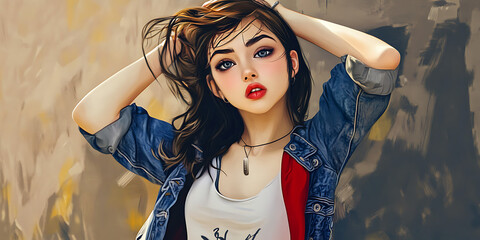 Anime Girl in Denim: A vibrant portrait of a stunning anime girl, her captivating blue eyes and fiery red lips set against a backdrop of textured denim.