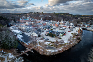 Aerial view of Peterborough, New Hampshire in early winter. 