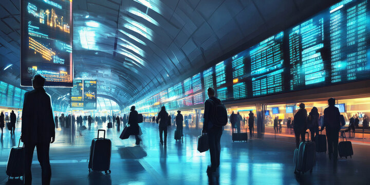 A bustling train station interior with sleek modern design, travelers with suitcases, and glowing timetable screens. The dynamic scene highlights the energy of travel hubs.