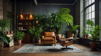 Contemporary loft with vintage armchair and tropical plants