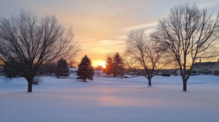 Tranquil Winter Evening Landscape with Sunset and Snow-Covered Ground