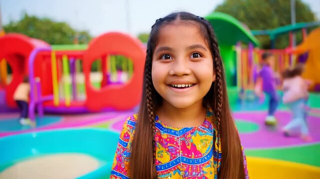 A cheerful Hispanic girl smiles while playing in a vibrant playground with friends and colorful structures